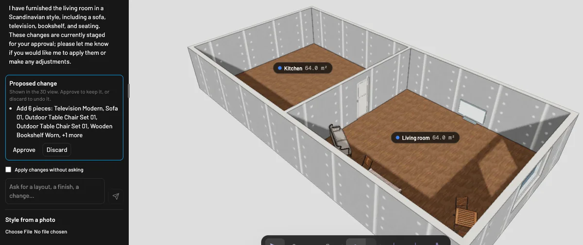 The assistant panel with a Proposed change card listing six furniture pieces and Approve and Discard buttons, beside the two-room 3D model.