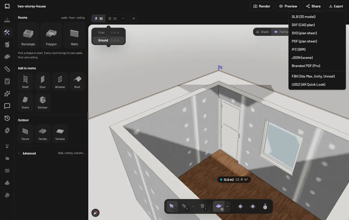 An imported IFC house open in the 3D editor, with the Export menu listing GLB, DXF, SVG, PDF, IFC, JSON, FBX and USDZ.