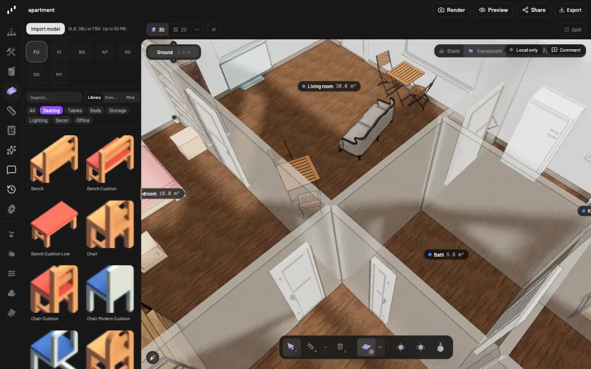 The furniture catalog beside a furnished 3D apartment, filtered to seating.
