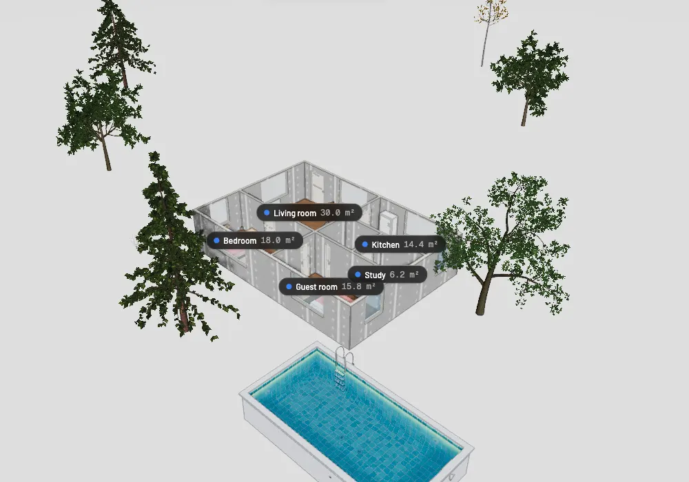 A furnished apartment seen from above, with pine and oak trees around it and a swimming pool in front.