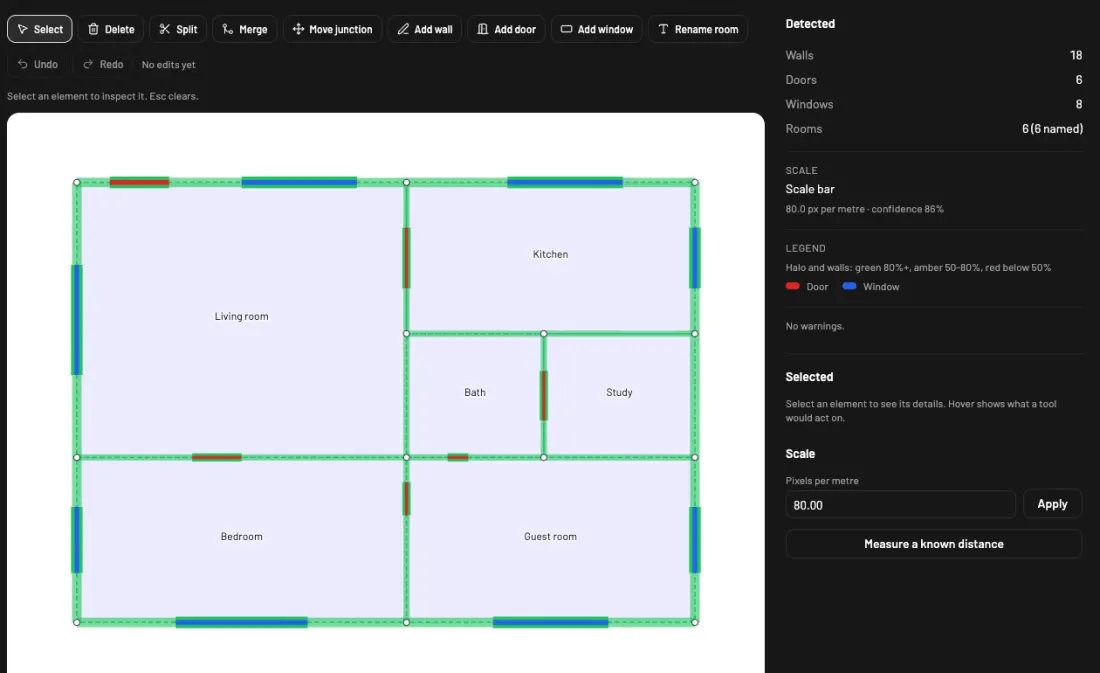 The import review screen: a six-room plan with detected walls, doors and windows outlined, and counts of walls, doors, windows and rooms beside it.