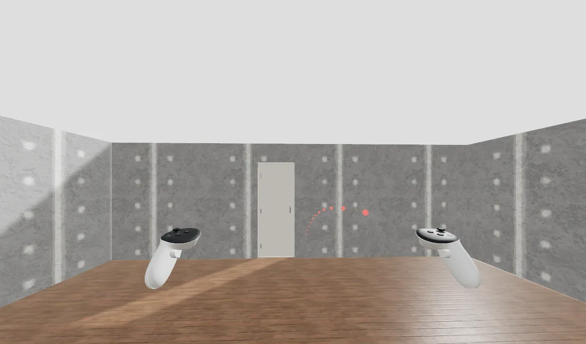 An emulated Meta Quest view inside a room, with two controllers, a door ahead and a teleport arc on the wall.